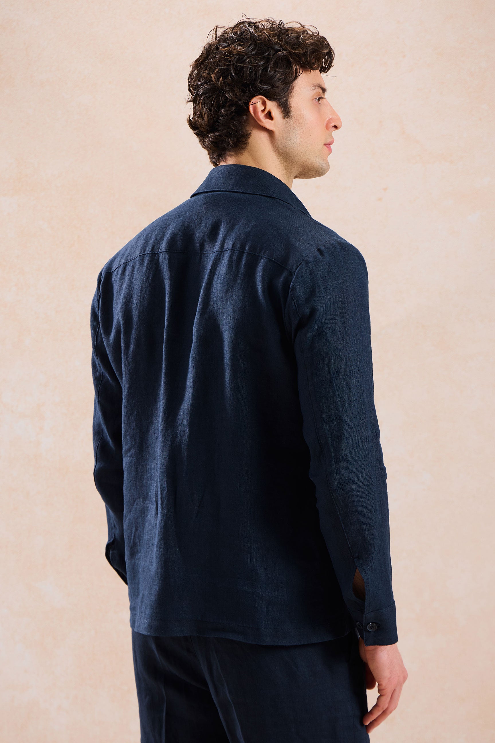 Men's Navy Linen Zip-Up Shirt Jacket - Lightweight Summer