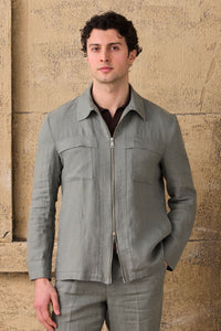 Men’s Sage Green Linen Smart Casual 2 Piece Suit Zip Front Safari Style Summer