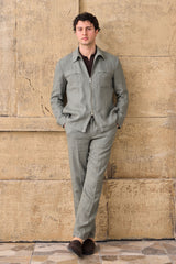 Men’s Sage Green Linen Smart Casual 2 Piece Suit Zip Front Safari Style Summer