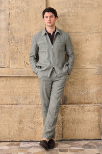 Men’s Sage Green Linen Smart Casual 2 Piece Suit Zip Front Safari Style Summer