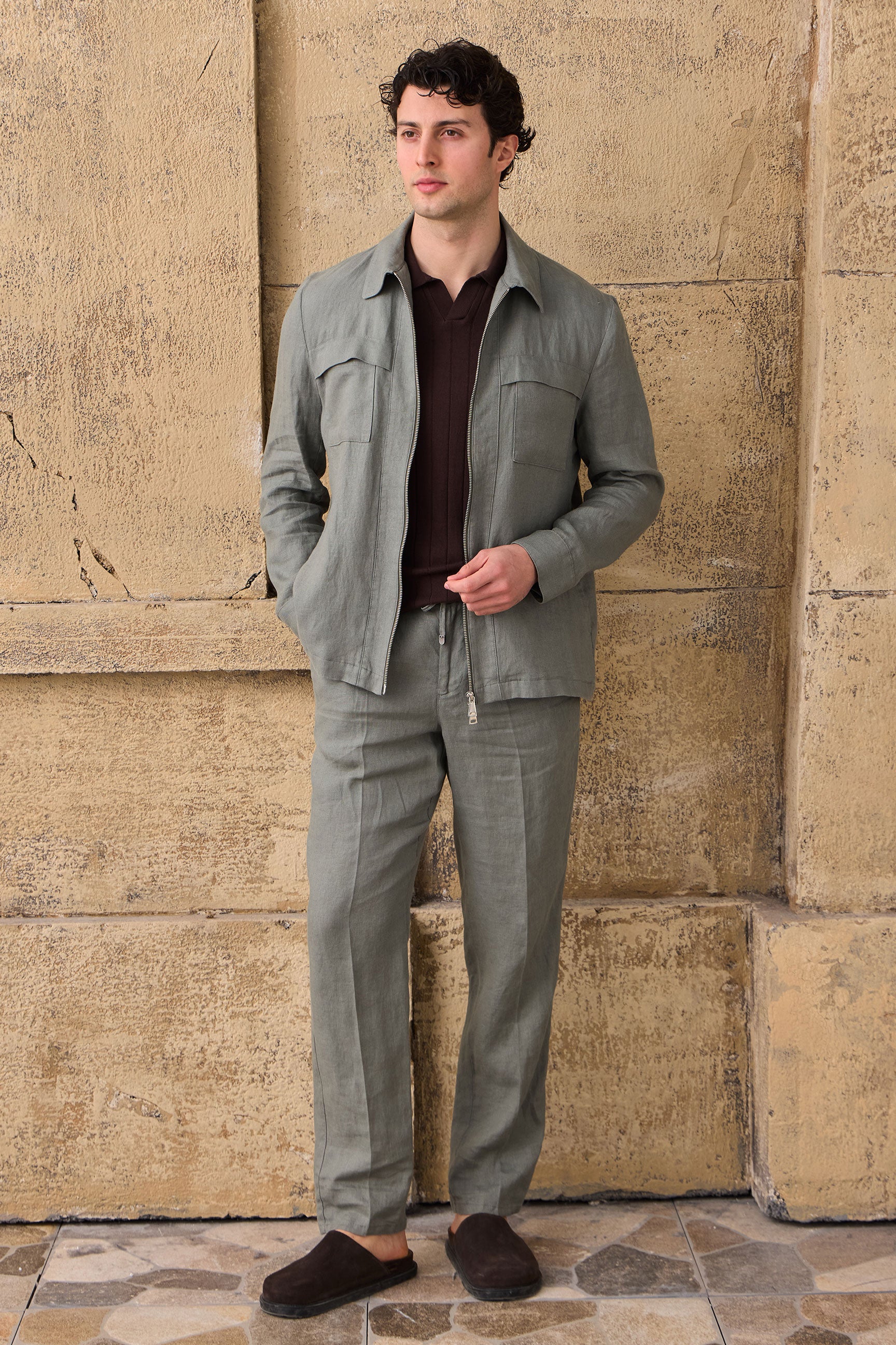 Men’s Sage Green Linen Smart Casual 2 Piece Suit Zip Front Safari Style Summer