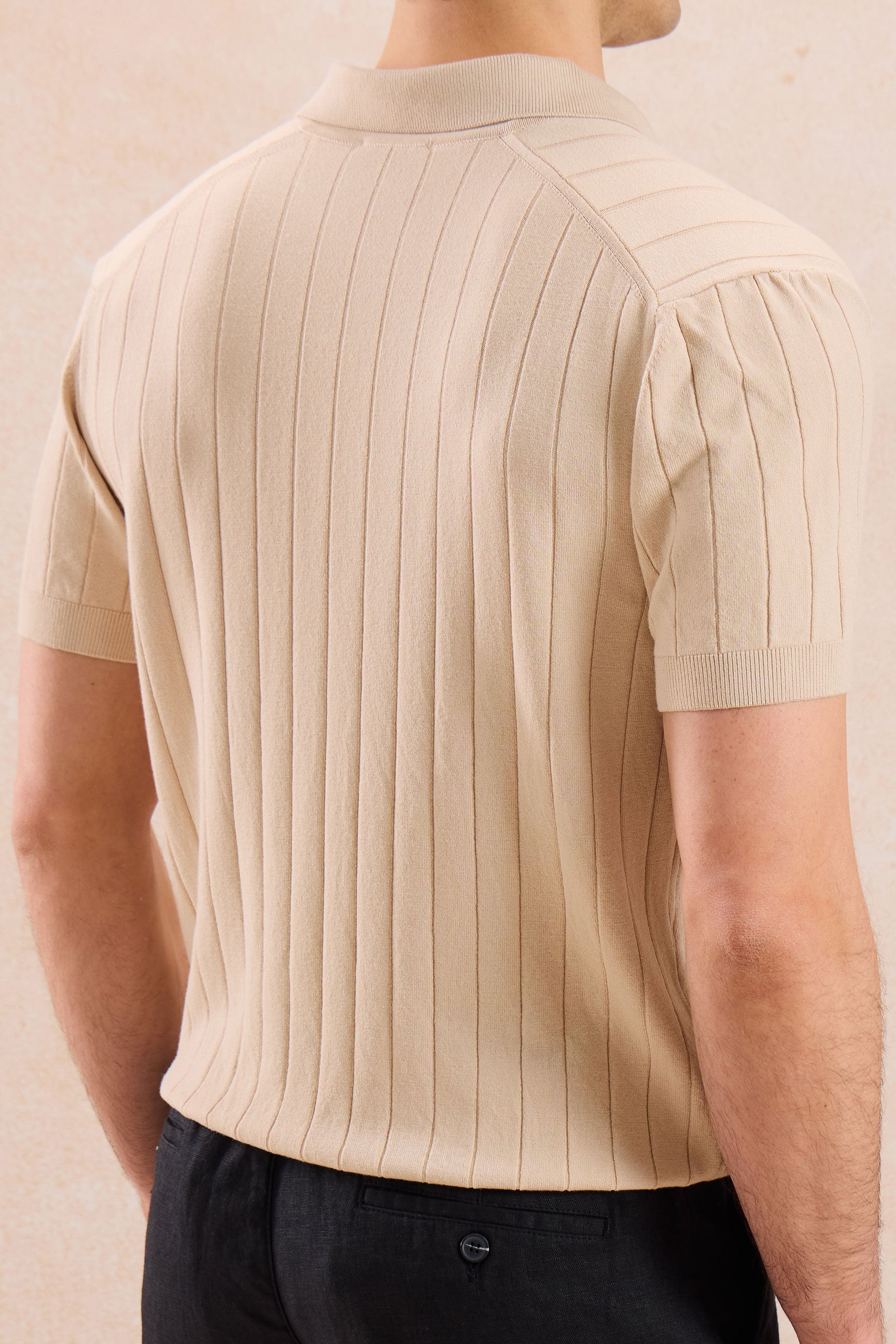 Men’s Beige Ribbed Knit Polo Shirt