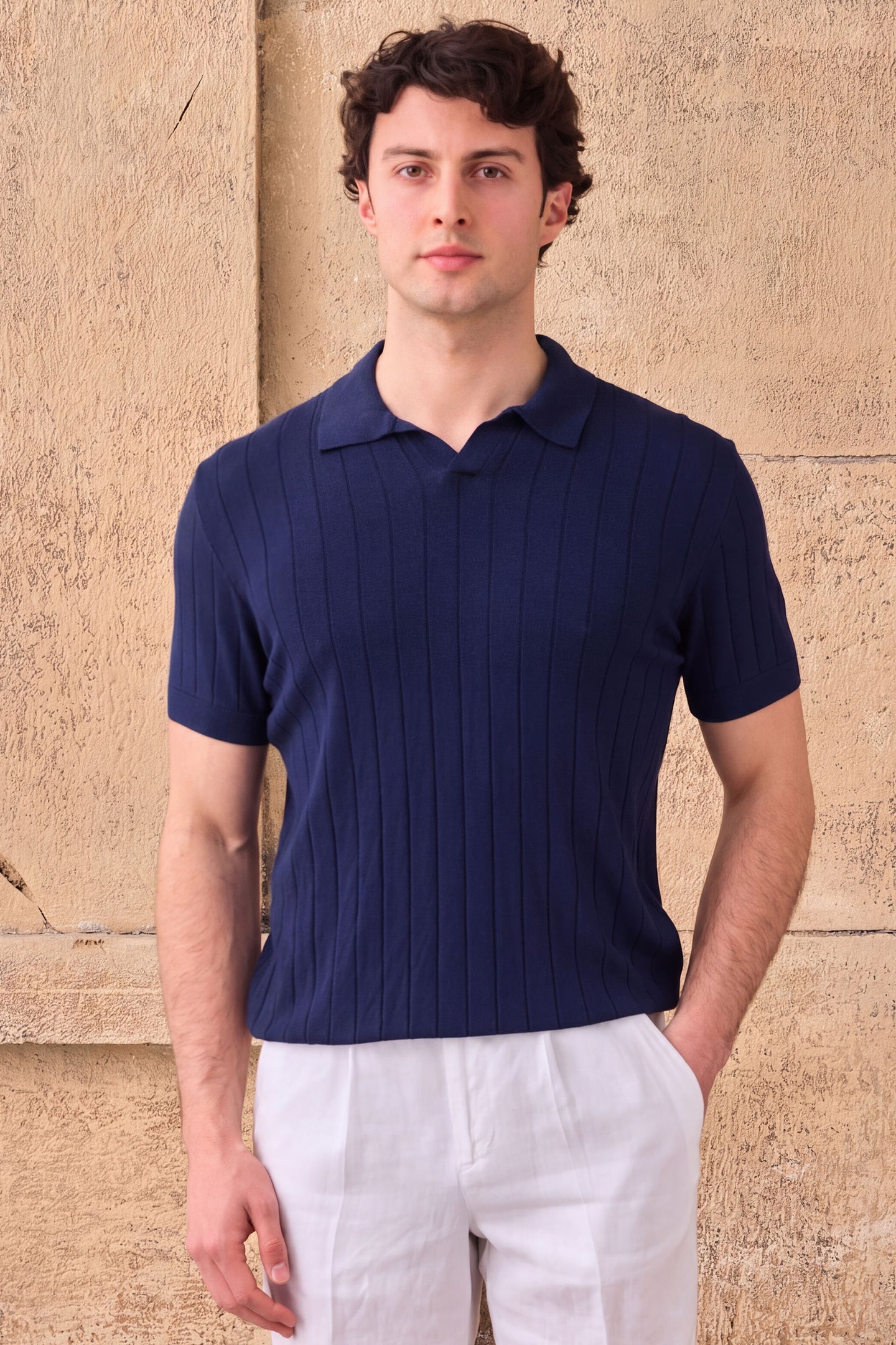 Men’s Dark Navy Ribbed Knit Polo Shirt