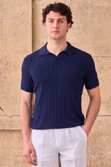 Men’s Dark Navy Ribbed Knit Polo Shirt