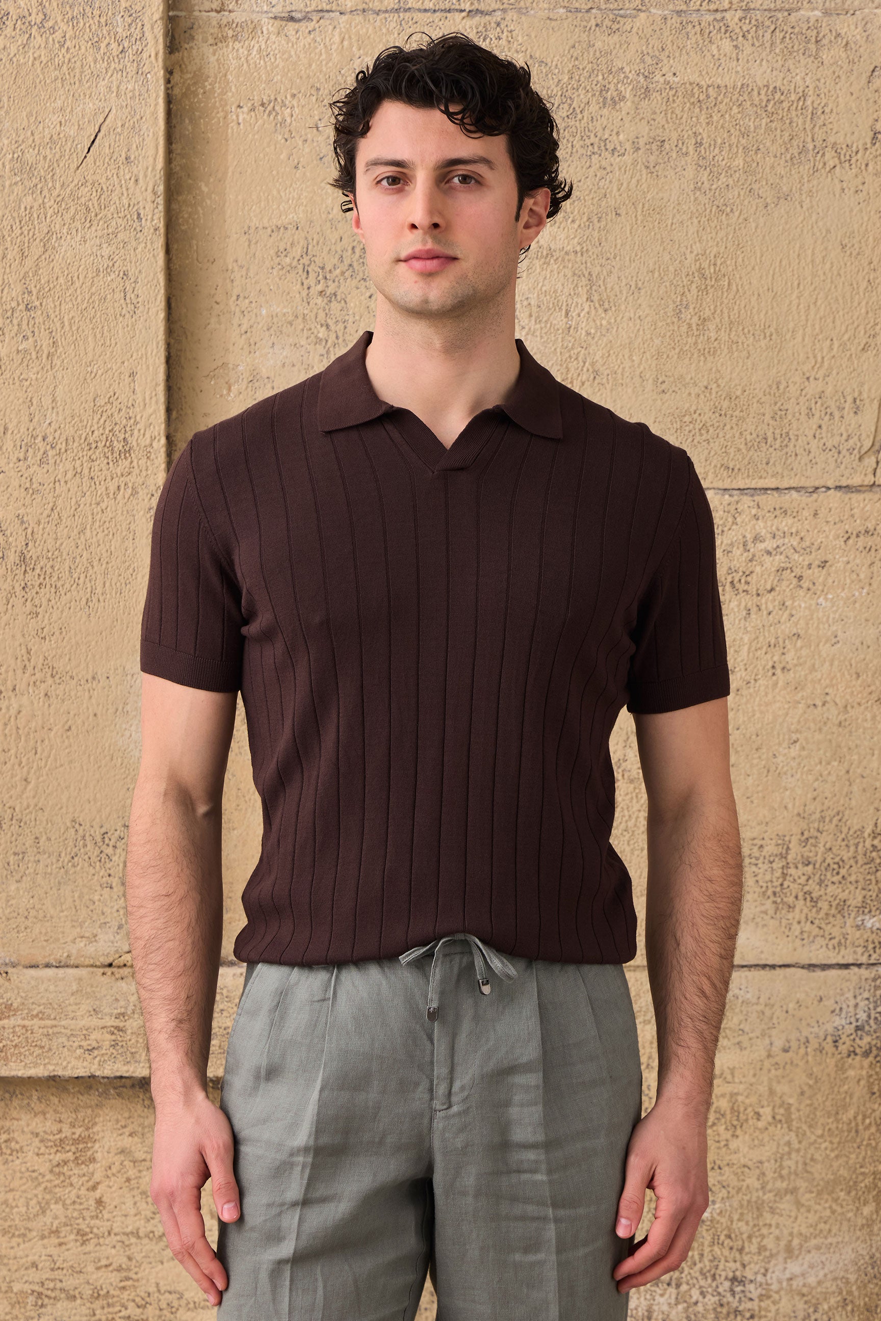 Men’s Brown Ribbed Knit Polo Shirt