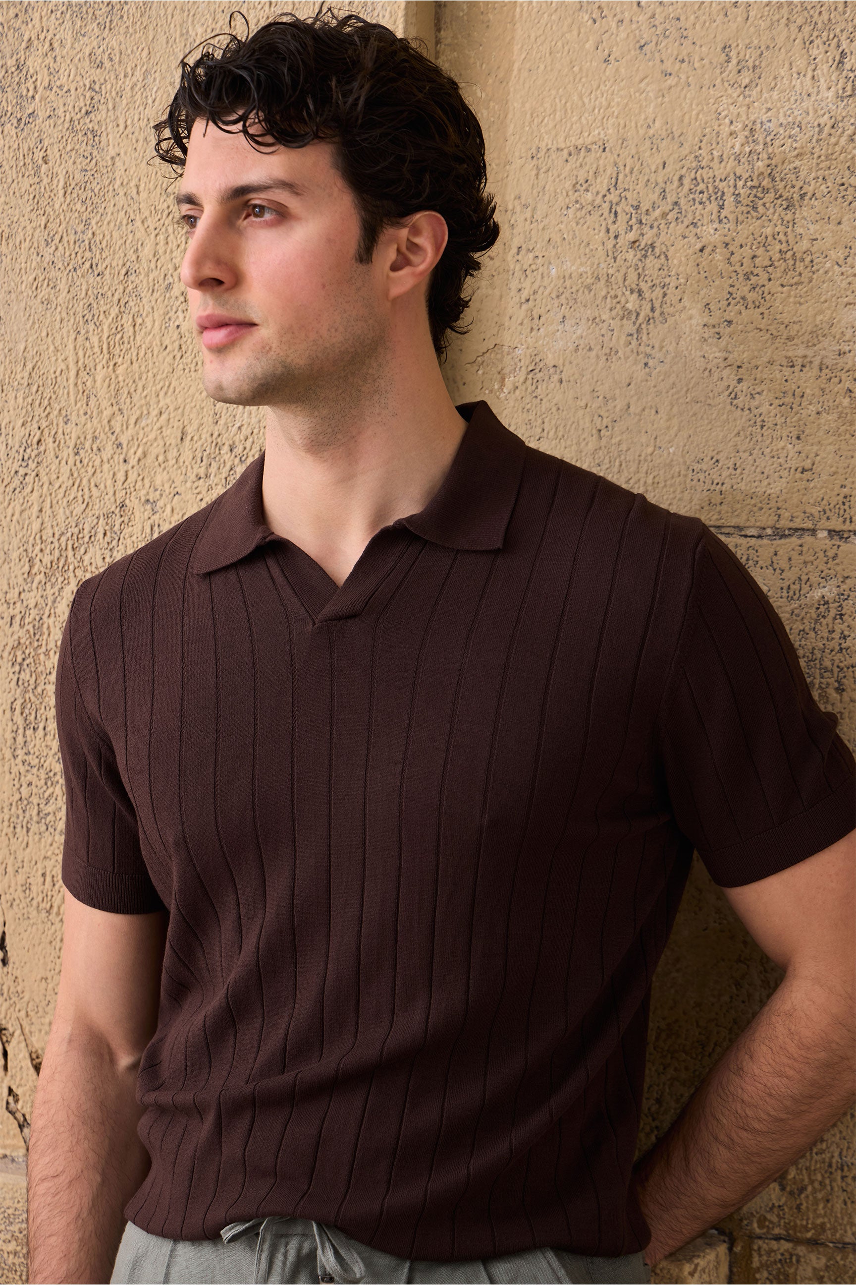 Men’s Brown Ribbed Knit Polo Shirt