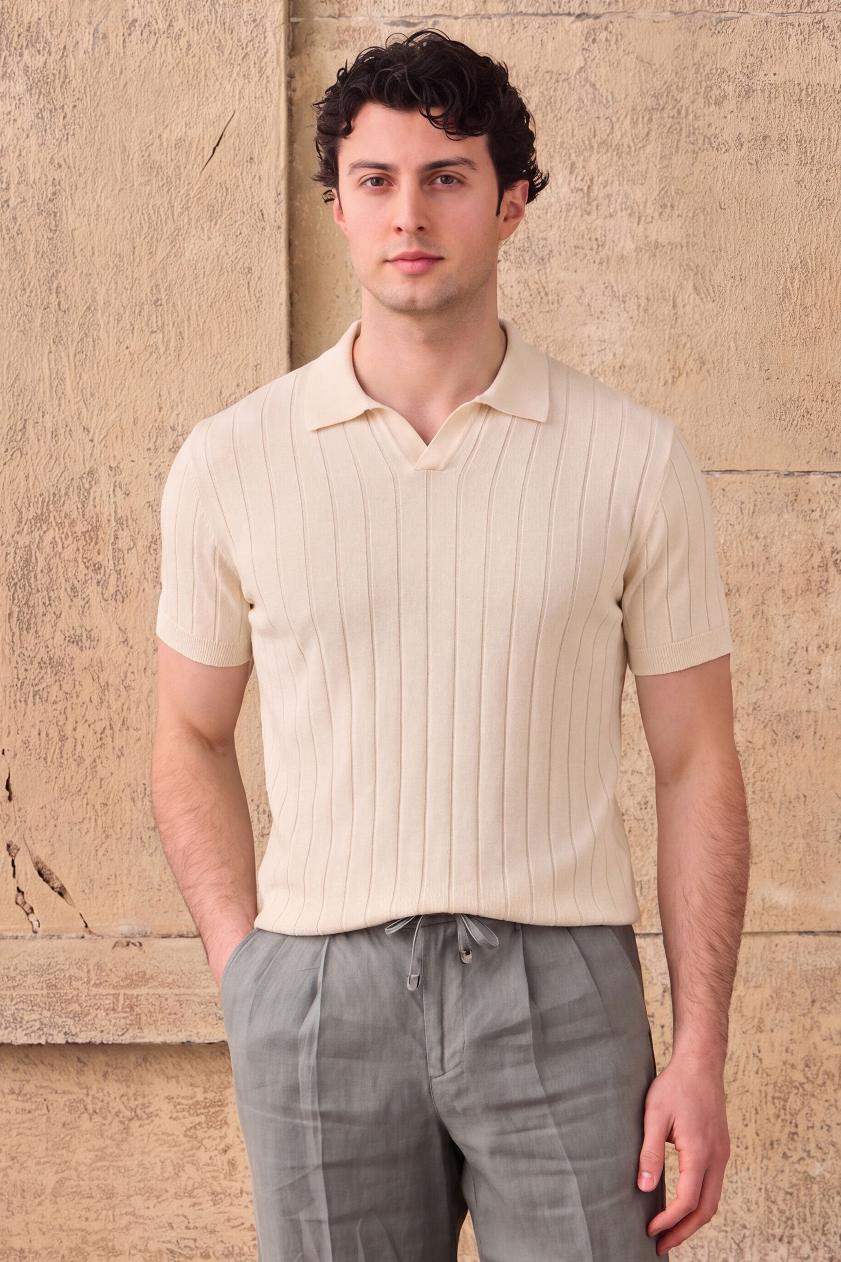 Men’s Cream Ribbed Knit Polo Shirt
