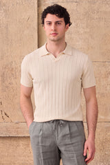 Men’s Cream Ribbed Knit Polo Shirt