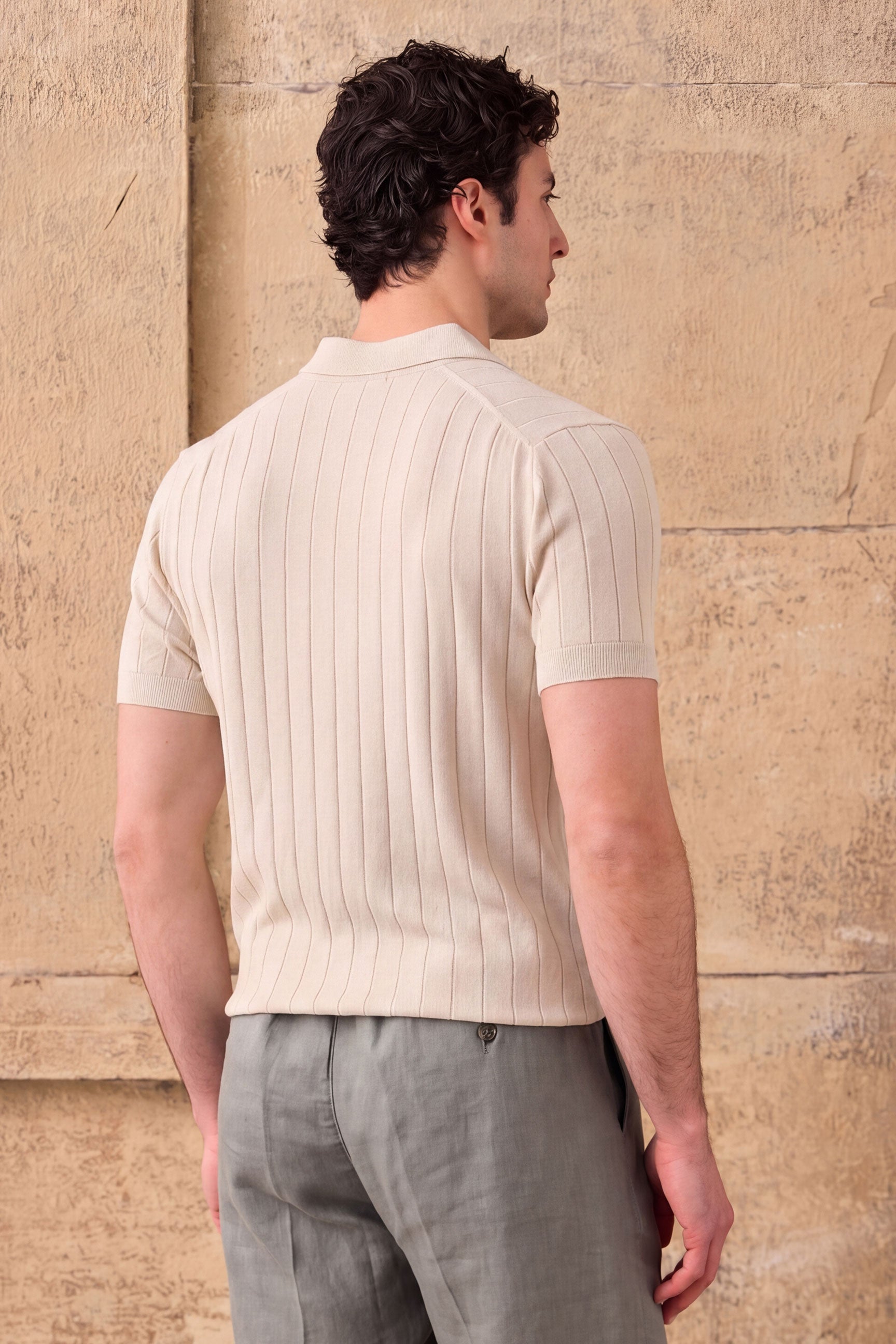 Men’s Cream Ribbed Knit Polo Shirt
