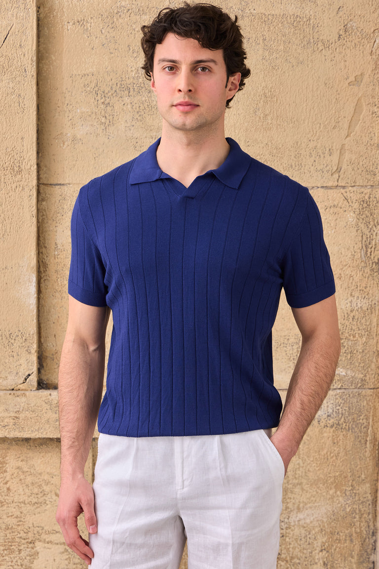 Men's navy ribbed knit polo shirt