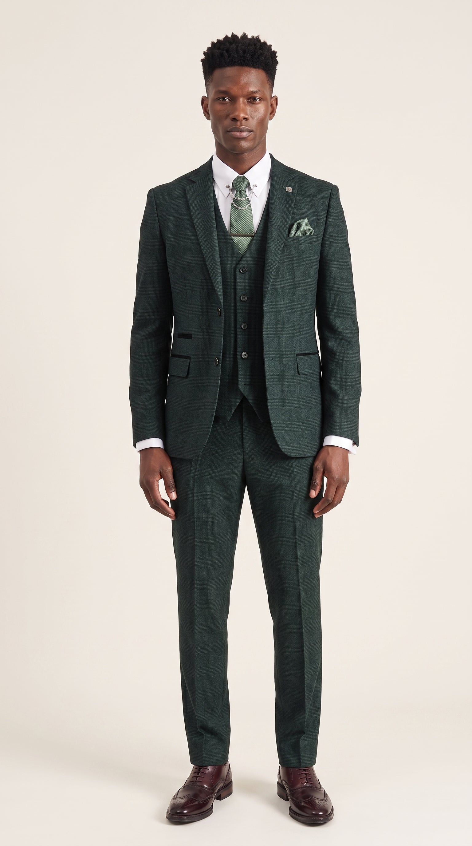 Look #204 styled with Regent - Men's Green 3 Piece Prince Of Wales Checked Suit