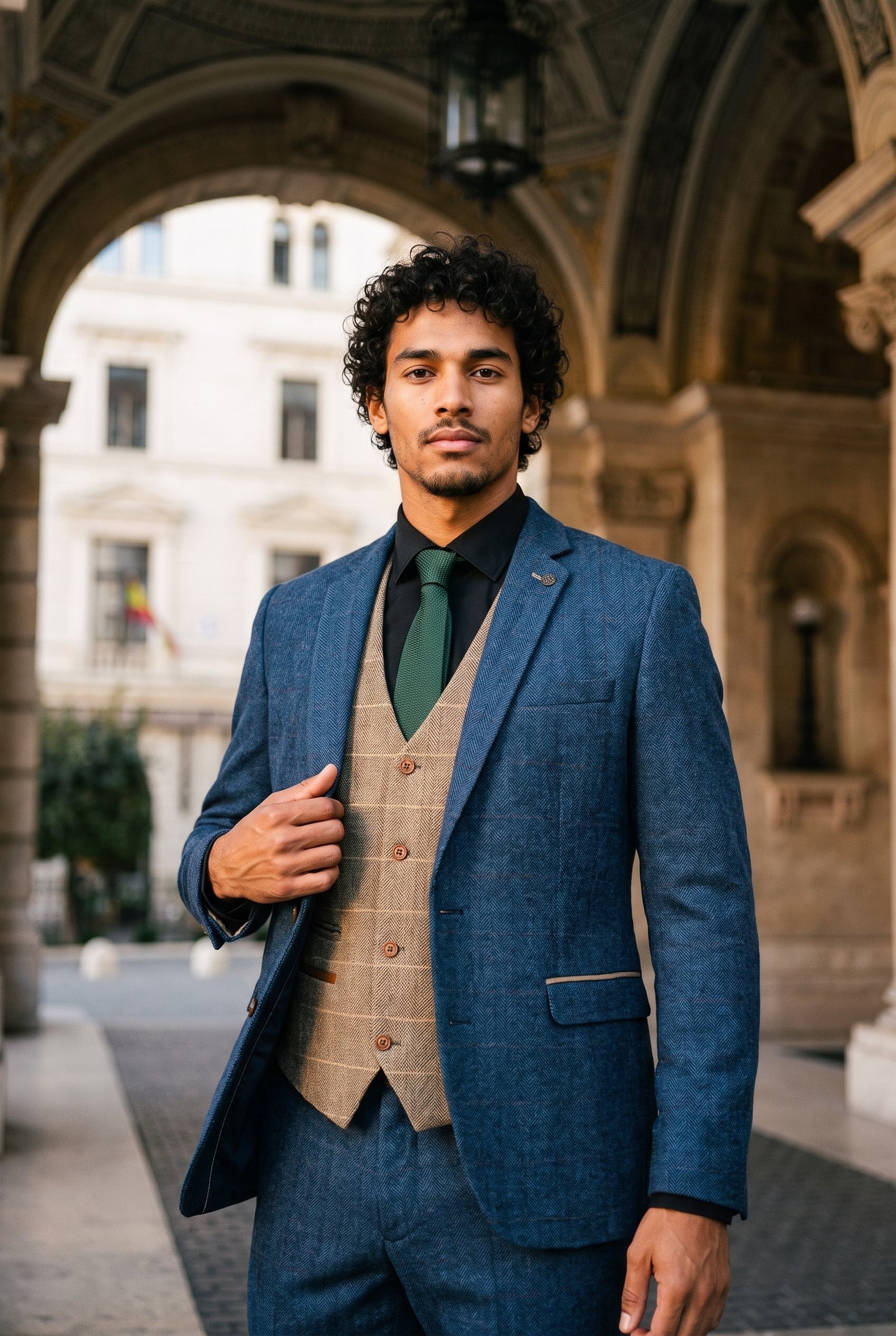 Look #984 styled with Marc Darcy Dion - Mens Blue Tan Brown 3 Piece Herringbone Tweed Check Vintage Tailored Fit Suit