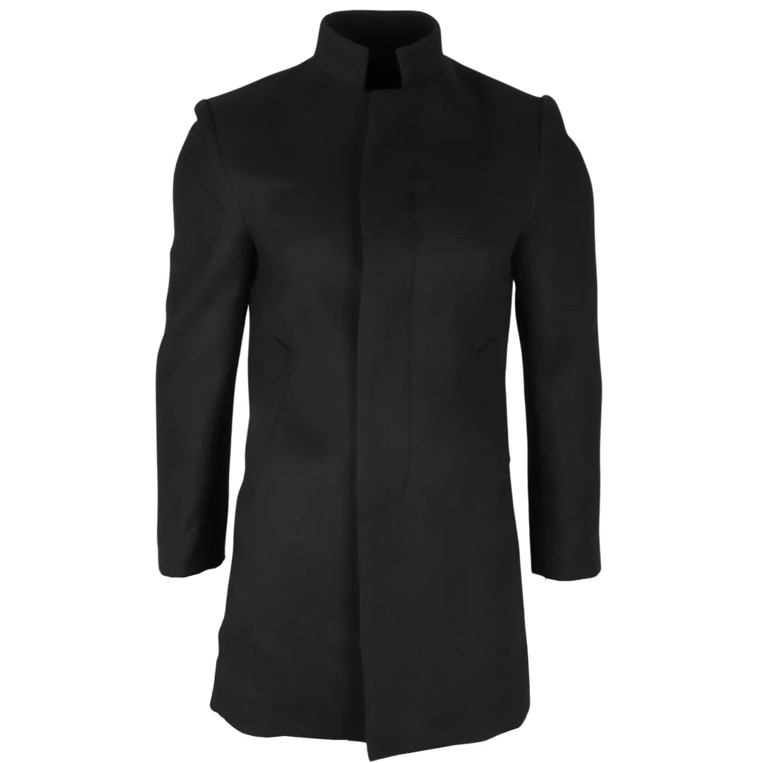 Men's Stand Collar Wool Blend Black Overcoat: Buy Online - Happy