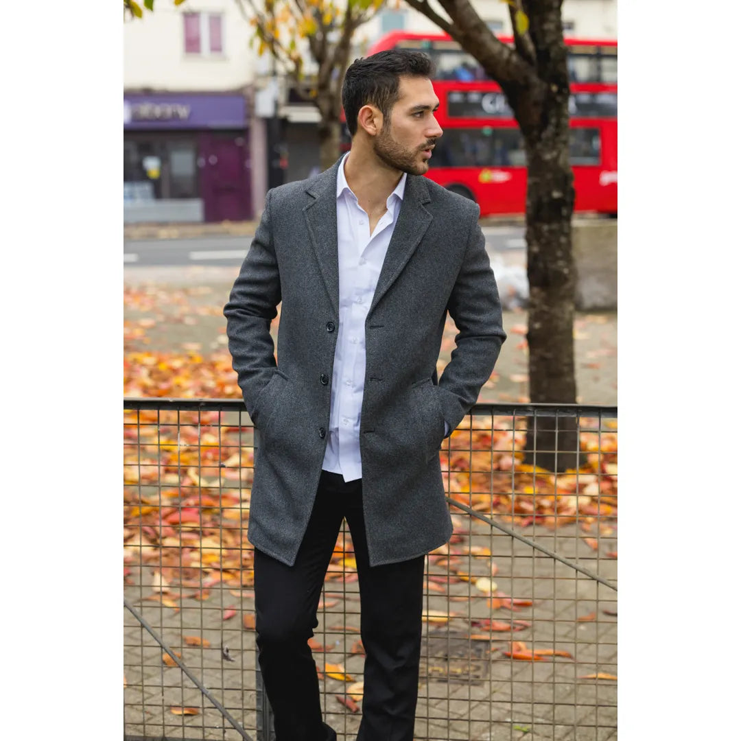 Men's Notched Lapel Collar Wool Blend Grey Overcoat Men's Notched Lapel Collar Wool Blend Grey Overcoat