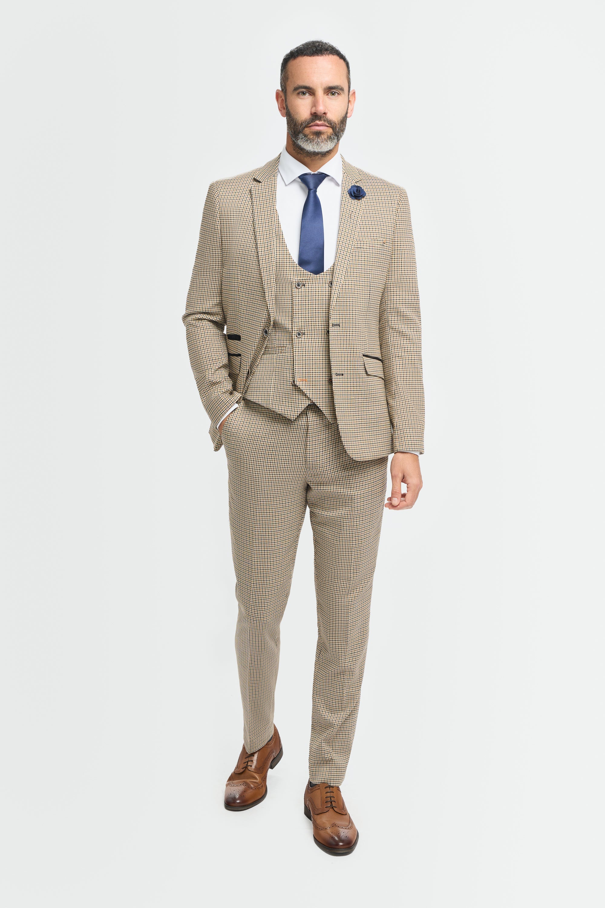 Mens Beige Navy Check Suit