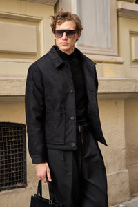 Men’s Black Suede Jacket Quilted Lined Button-Up Coat