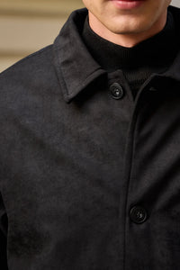 Men’s Black Suede Jacket Quilted Lined Button-Up Coat
