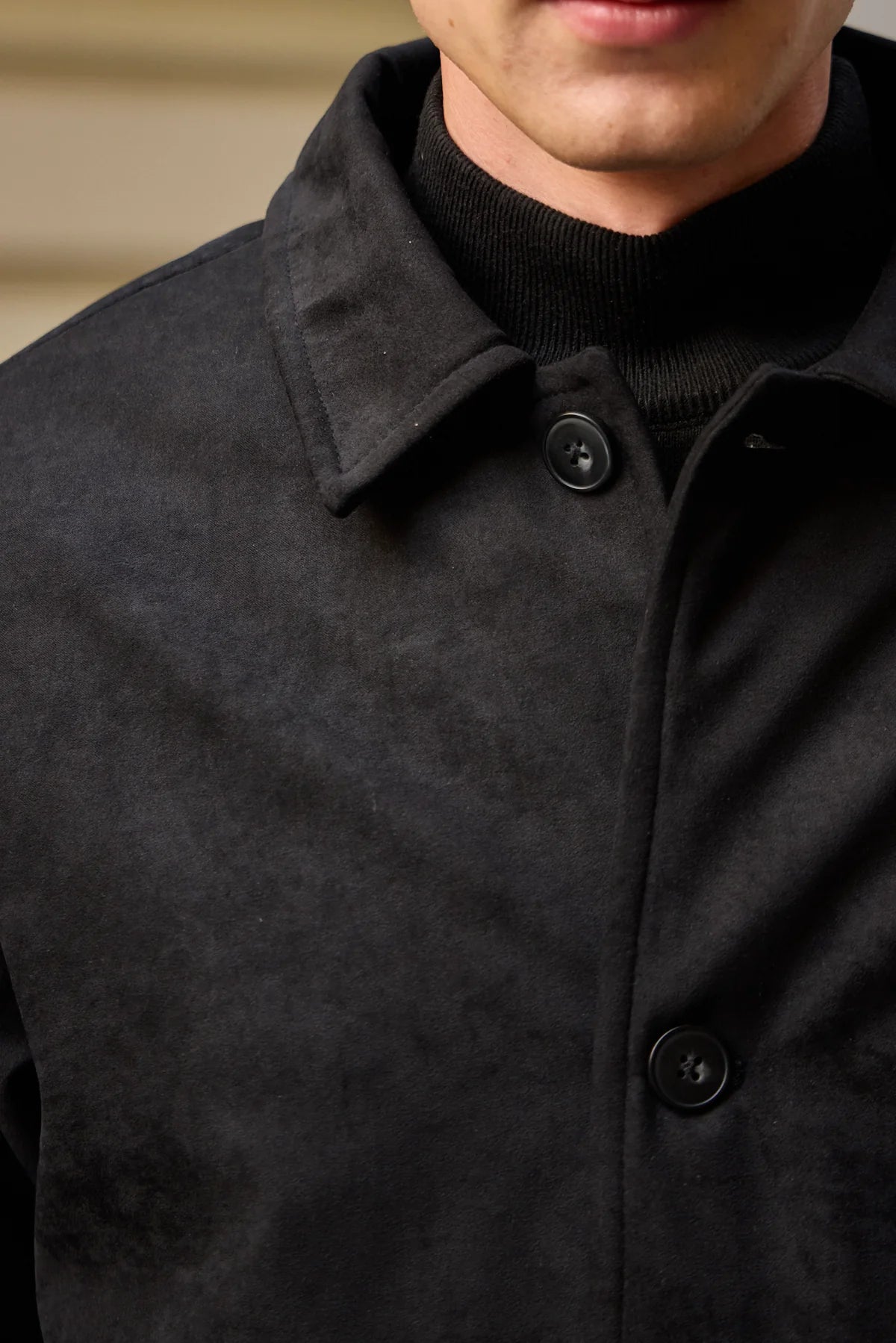 Men’s Black Suede Jacket Quilted Lined Button-Up Coat