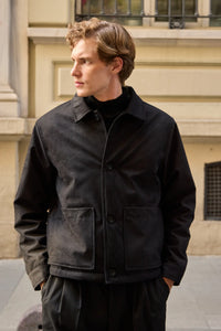 Men’s Black Suede Jacket Quilted Lined Button-Up Coat