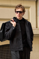 Men’s Black Suede Jacket Quilted Lined Button-Up Coat