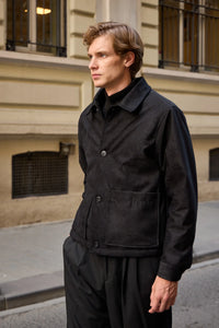 Men’s Black Suede Jacket Quilted Lined Button-Up Coat