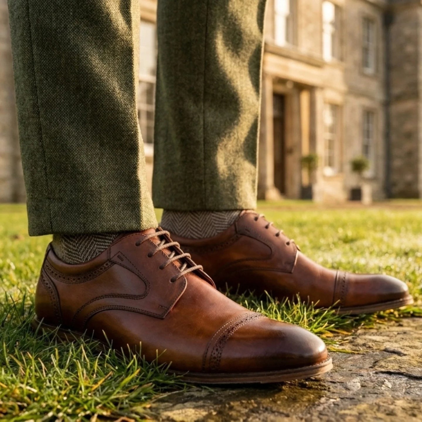 Everett - Men's Brown Polished Leather Cap Toe Derby Shoes
