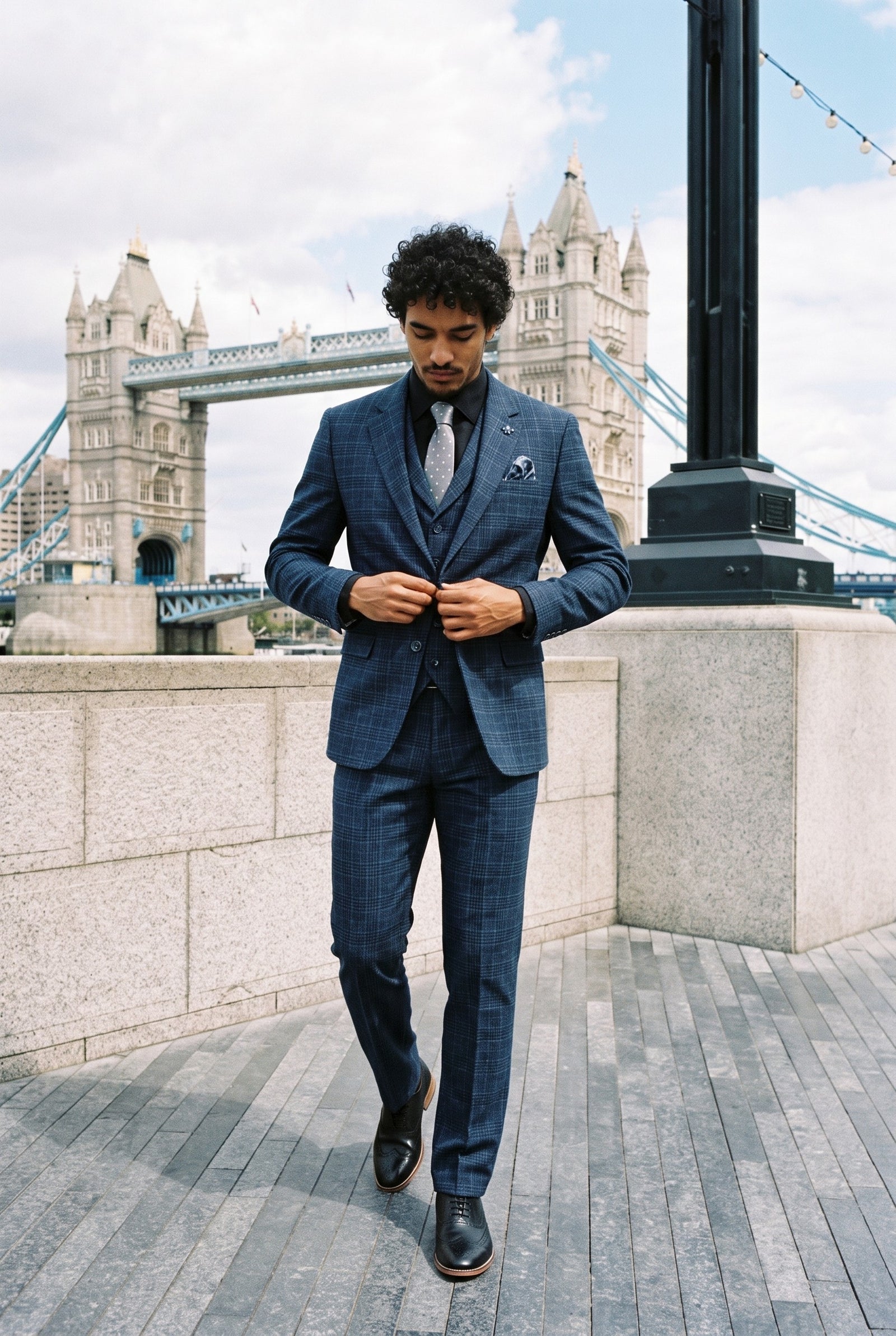 Look #980 styled with Men's Blue Tartan Check 3 Piece Suit