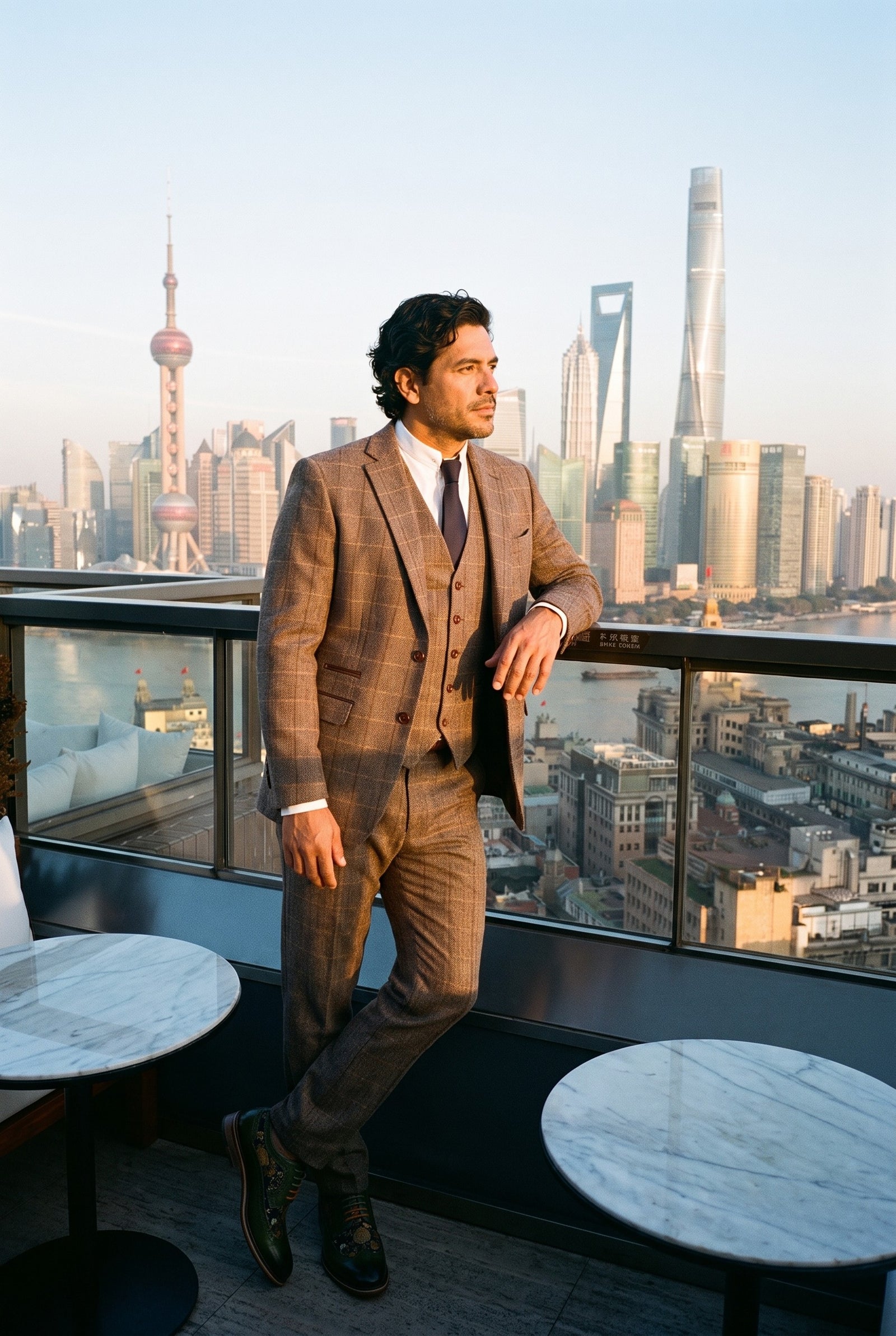 Look #537 styled with Harris - Men's Brown 3 Piece Herringbone Check Tweed Suit