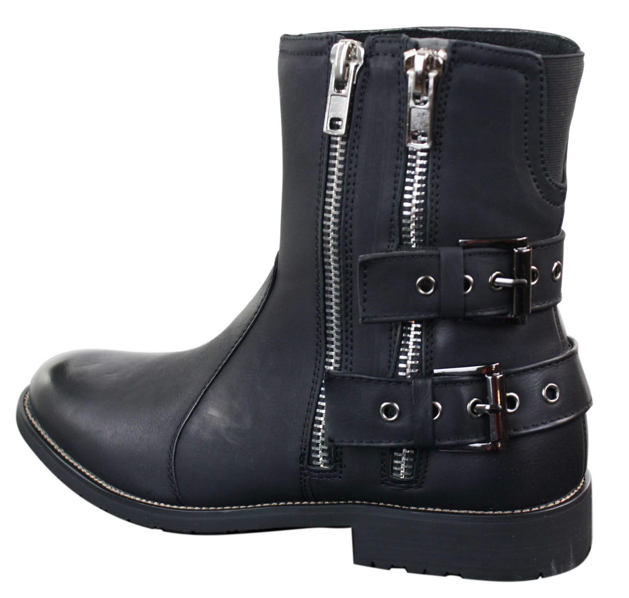 Mens Zip Biker Motorcycle Boots Punk Rock Ankle Belted Buckle