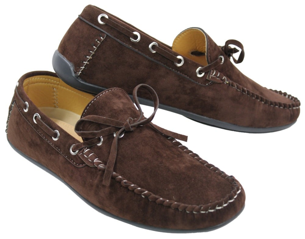 Mens Deck Boat Moccasin Suede Leather Lace Up Shoes Italian Brown