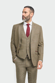 Man wearing a brown suit with a red tie on a white background