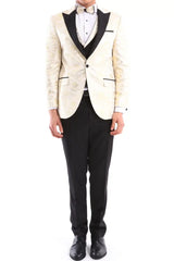 Mens 3 Piece Cream Black Ivory Suit Bow Tie Tuxedo Ceremony Wedding Grooms Prom