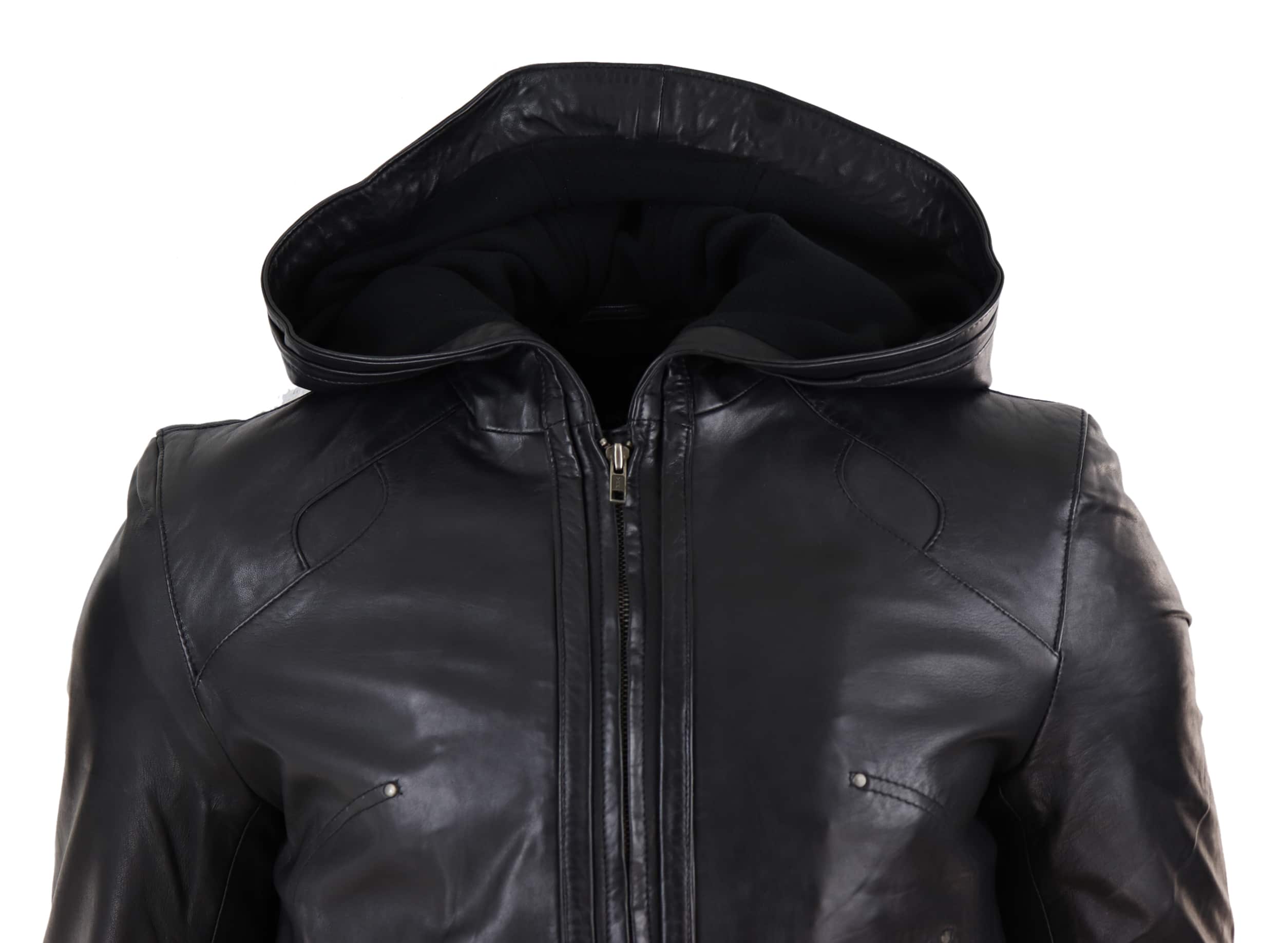 Mens Black Leather Bomber Jacket with Hood: Buy Online