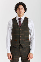 Harris - Green Tweed Herringbone Check Waistcoat for Men