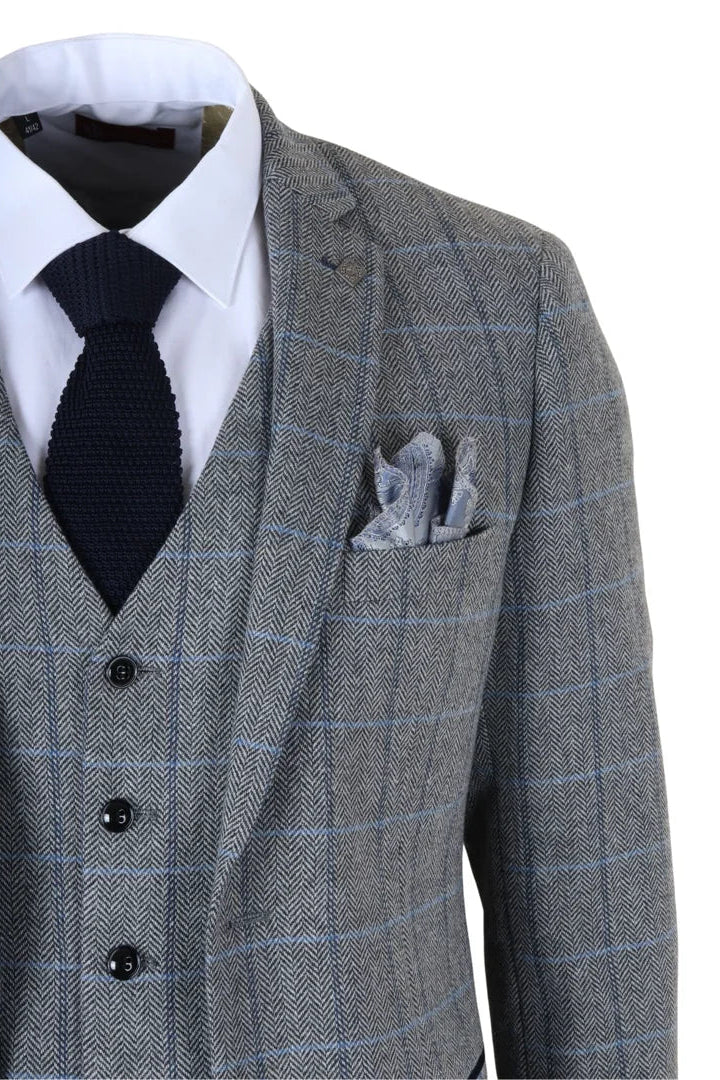 Harris - Men's Grey 3 Piece Herringbone Check Tweed Suit