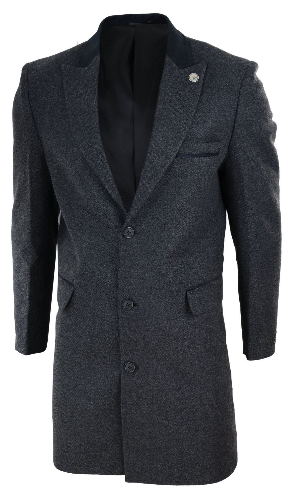 Herringbone Tweed 3/4 Long Overcoat-Charcoal: Buy Online - Happy