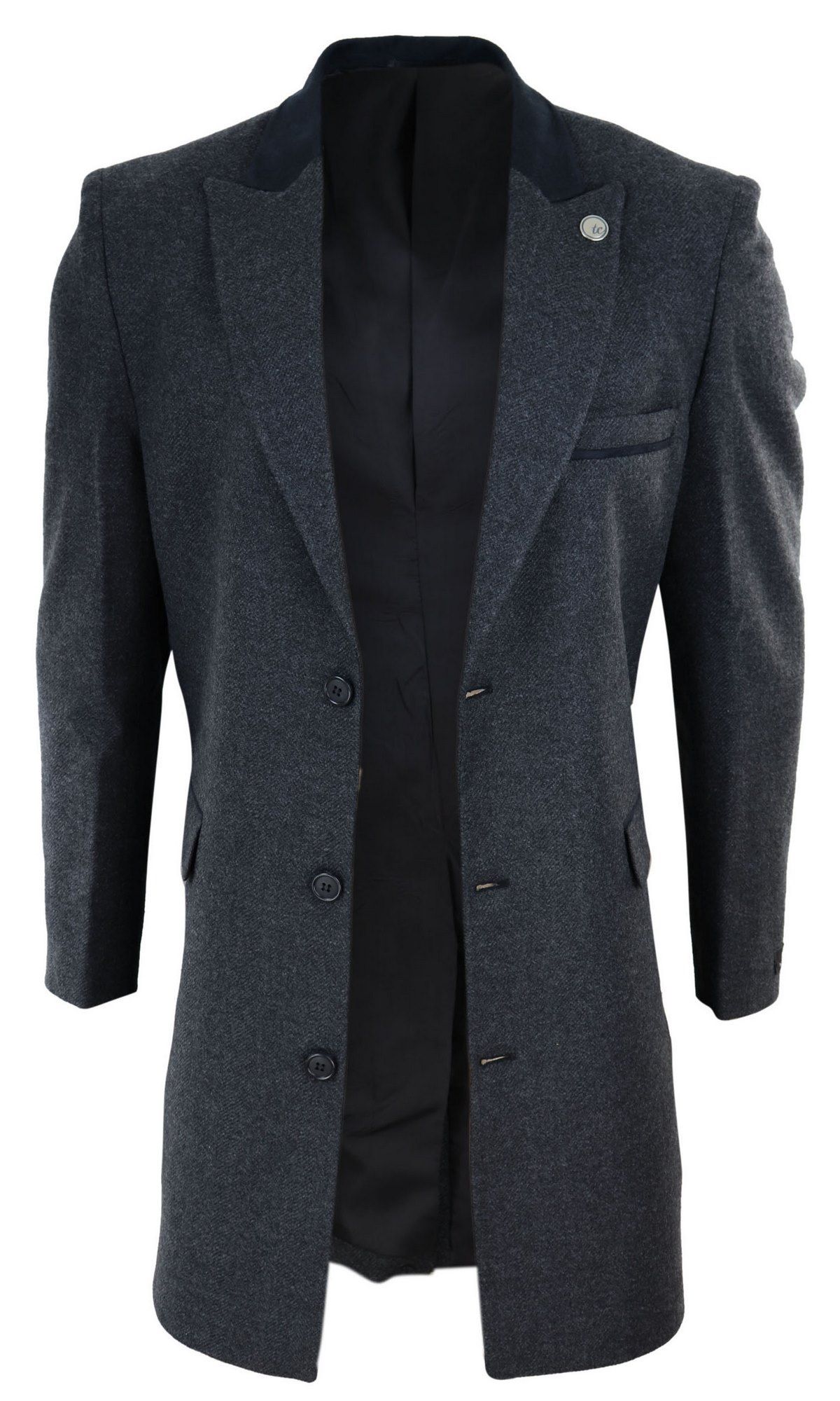 Herringbone Tweed 3/4 Long Overcoat-Charcoal: Buy Online - Happy