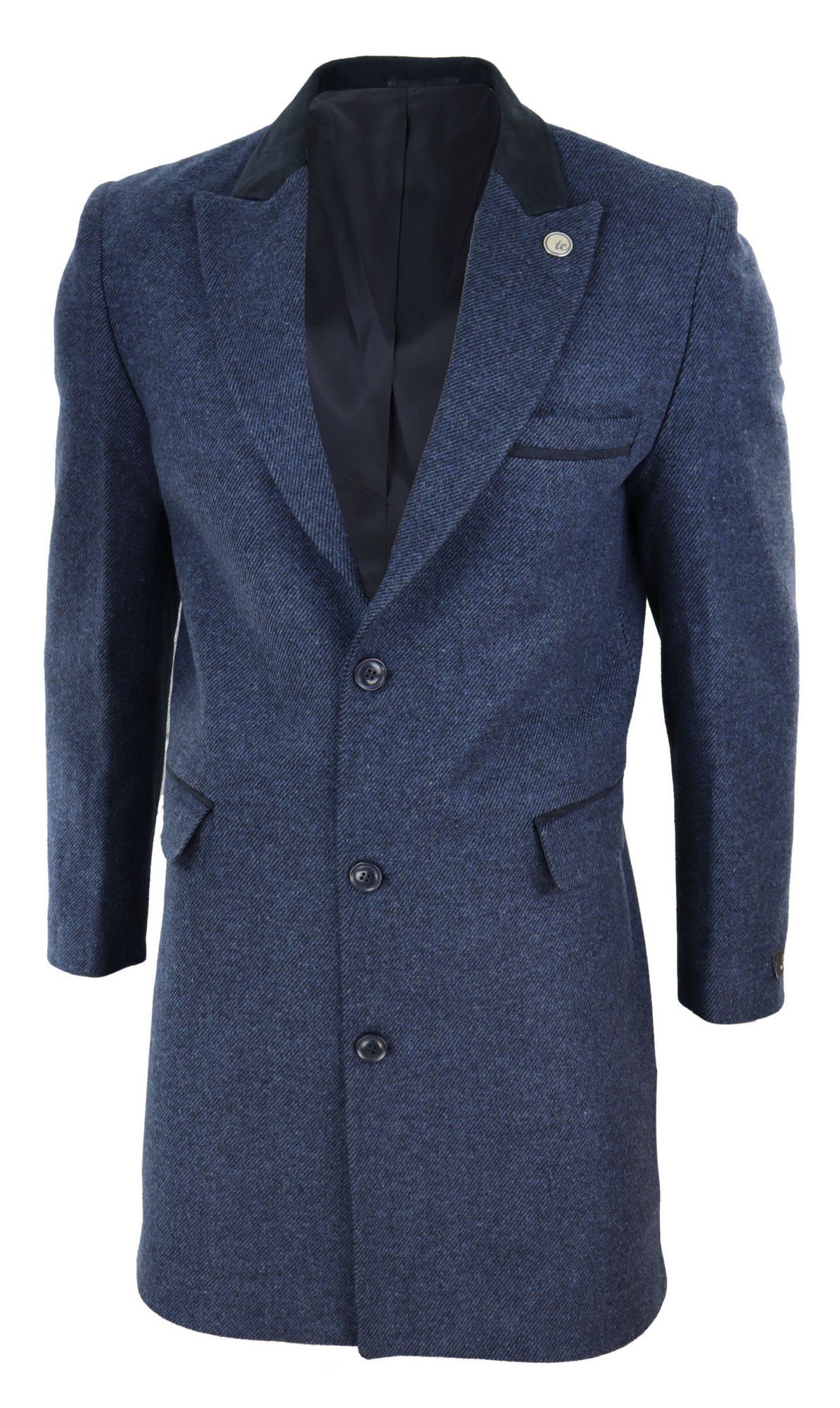 Herringbone Tweed 3/4 Long Overcoat-Navy: Buy Online - Happy Gentleman