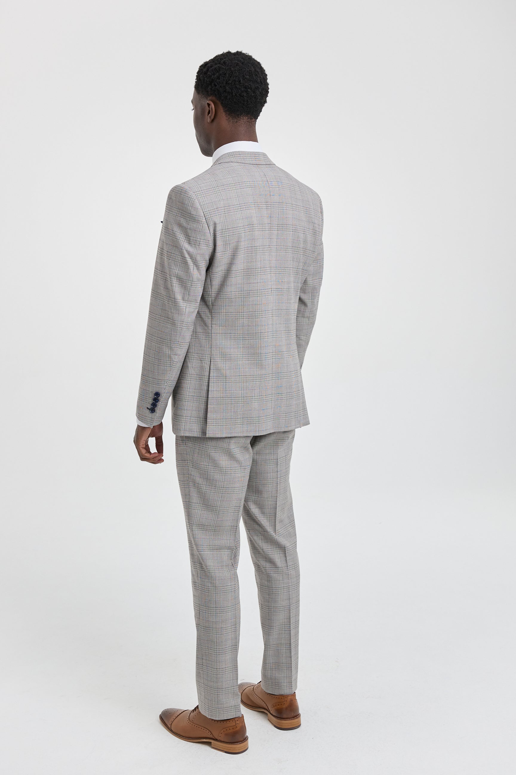Hugo Men's Light Grey 3-Piece Suit with Navy Blue Check and Velvet Trims Hugo Men's Light Grey 3-Piece Suit with Navy Blue Check and Velvet Trims