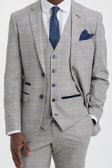 Hugo Men's Light Grey 3-Piece Suit with Navy Blue Check and Velvet Trims