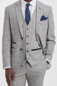 Hugo Men's Light Grey 3-Piece Suit with Navy Blue Check and Velvet Trims