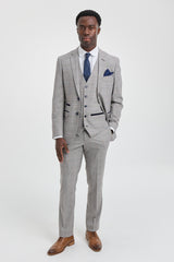 Hugo Men's Light Grey 3-Piece Suit with Navy Blue Check and Velvet Trims
