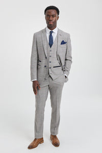 Hugo Men's Light Grey 3-Piece Suit with Navy Blue Check and Velvet Trims