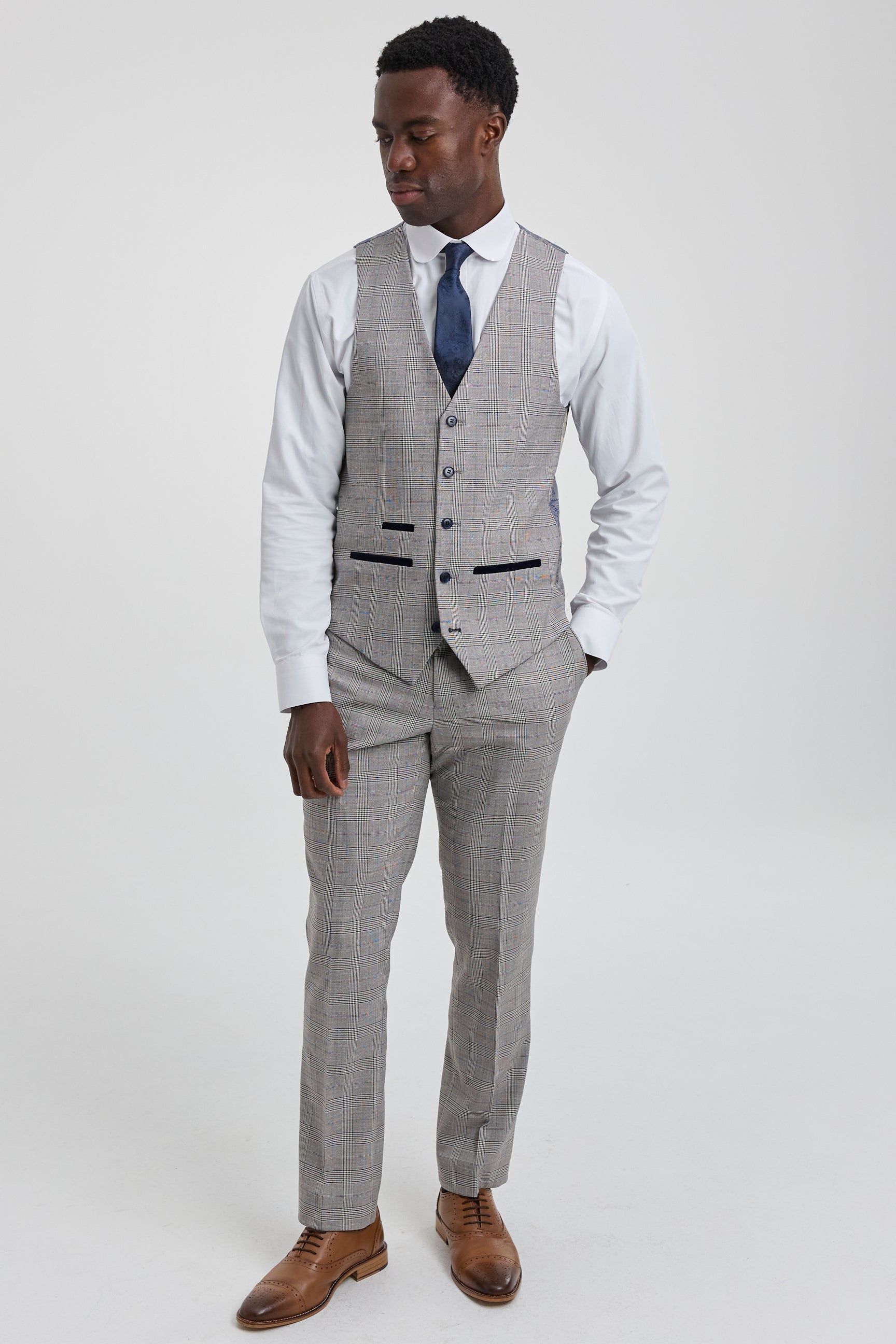 Hugo Men's Light Grey 3-Piece Suit with Navy Blue Check and Velvet Trims