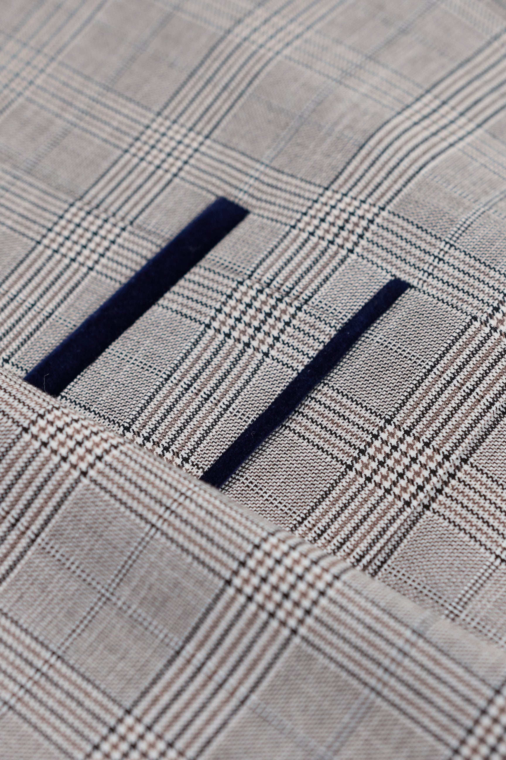 Hugo Men's Light Grey 3-Piece Suit with Navy Blue Check and Velvet Trims