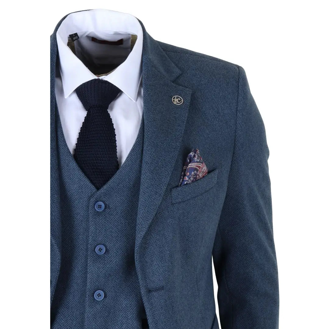 IM40 - Navy Blue 3 Piece Herringbone Tweed Suit for Men