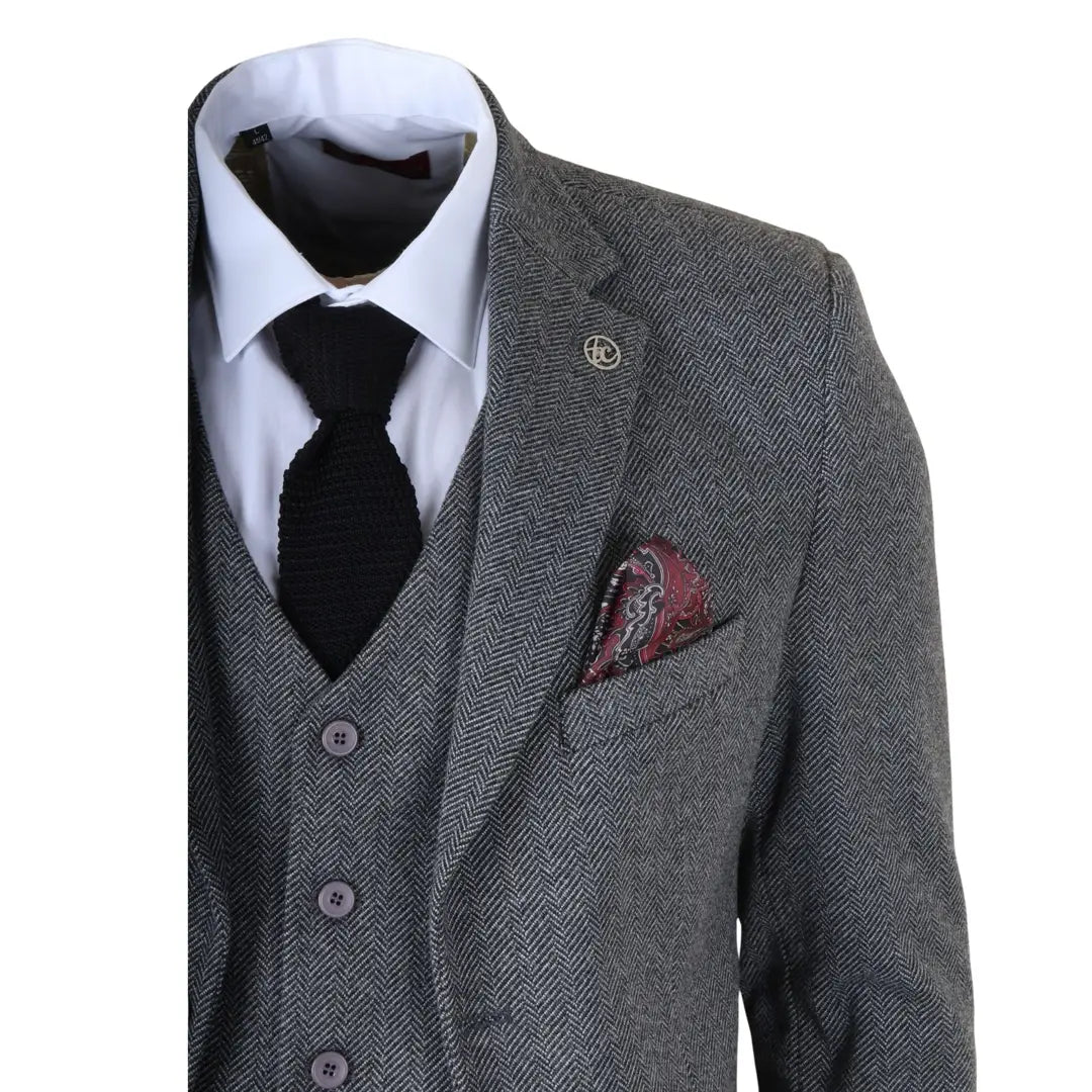 IM41 - Grey 3 Piece Herringbone Tweed Suit for Men