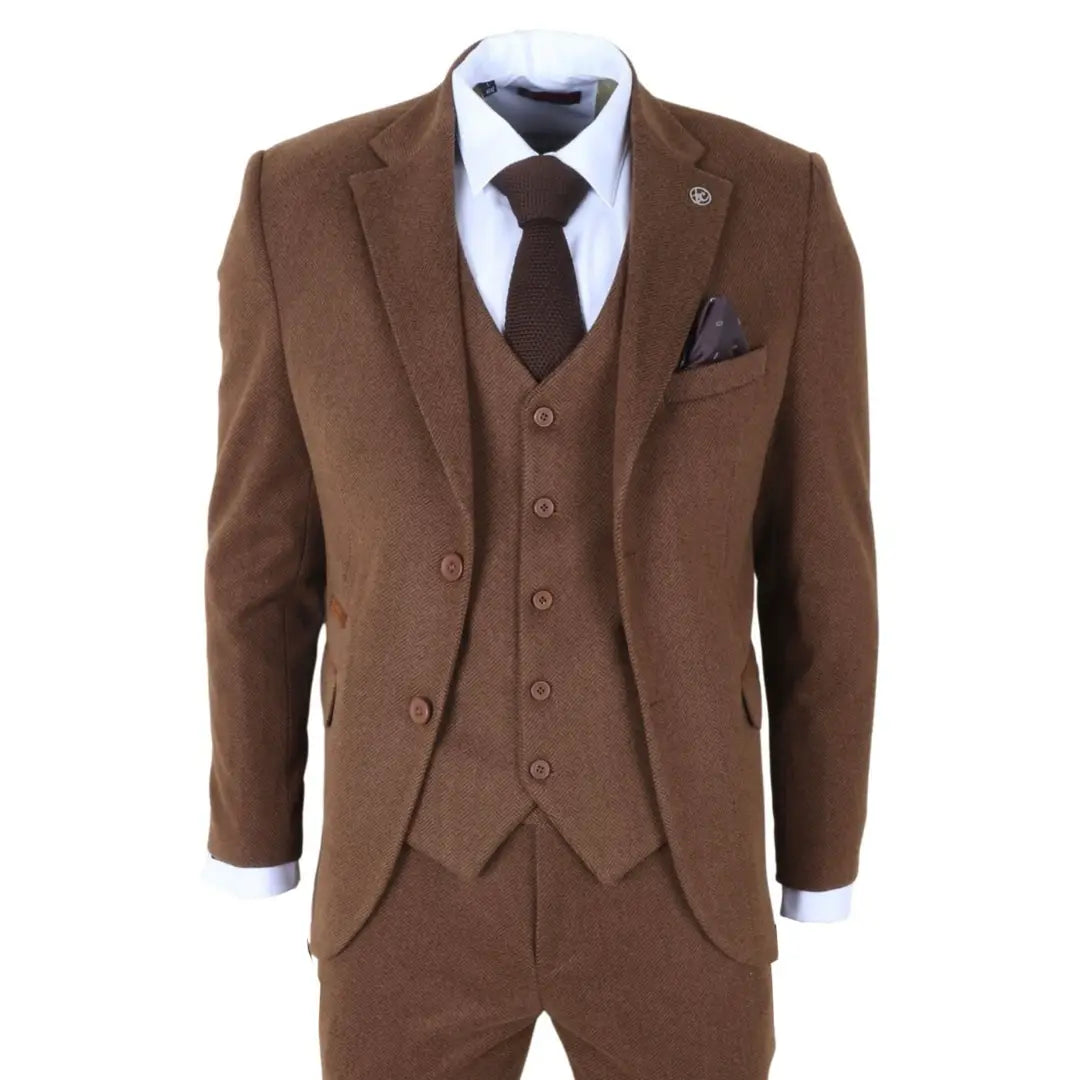 IM42 - Brown 3 Piece Herringbone Tweed Suit for Men