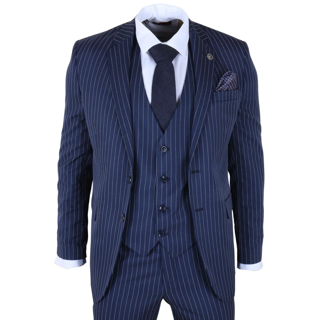 IM43 - Men's Pinstripe 3 Piece Navy Blue Shelby Style Suit