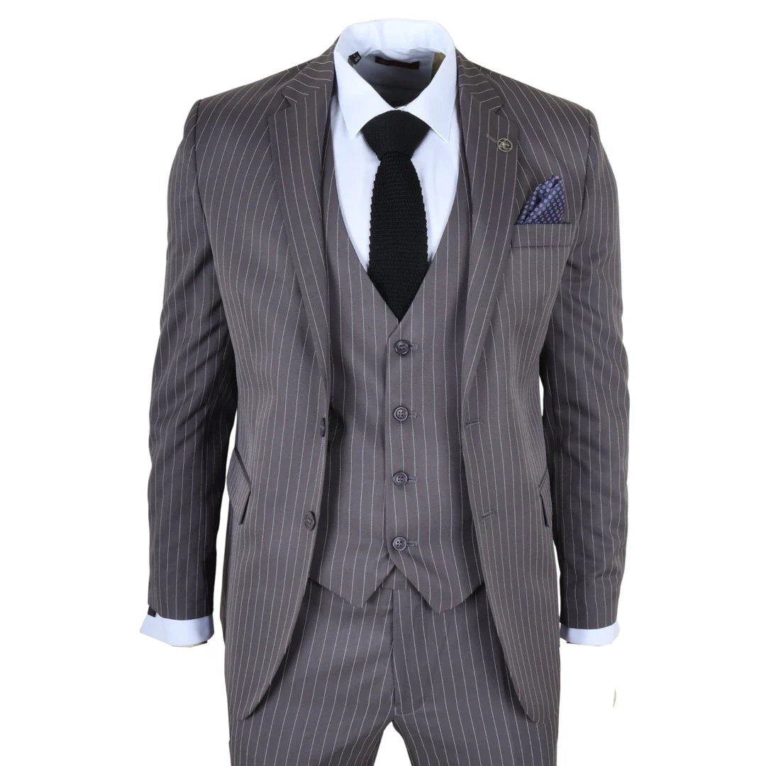 IM44 - Men's Pinstripe 3 Piece Grey Suit Shelby Style